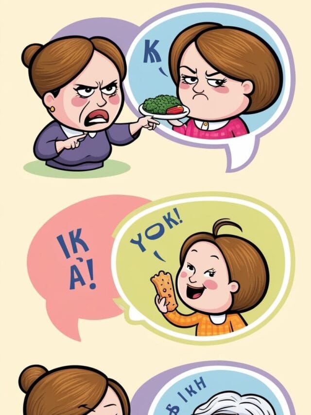 Cover-Image__A-playful-illustration-of-three-speech-bubbles___खाओ-–-A-strict-mom-pointing-at-food.__खा-लो-–-A-friend-offering-a-snack.__खा-लिया-करो-–-A-grandma-with-a-loving-but-worried-face.