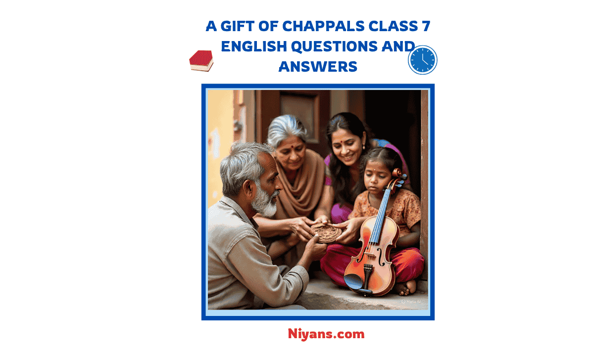 llustration related to the story "A Gift of Chappals" from Class 7 English textbook — includes children, a beggar, and a cat — helpful for students looking for "A Gift of Chappals Class 7 English Questions Answers".