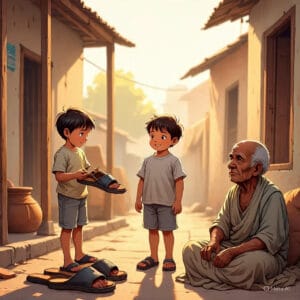 A Gift of Chappals Class 7 English with Hindi explanation – children giving slippers to a beggar”