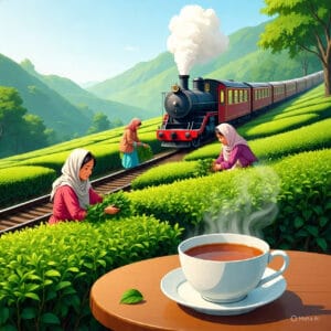 Tea from Assam Class 10 – illustration of Assam tea gardens, train journey, and a steaming cup of tea