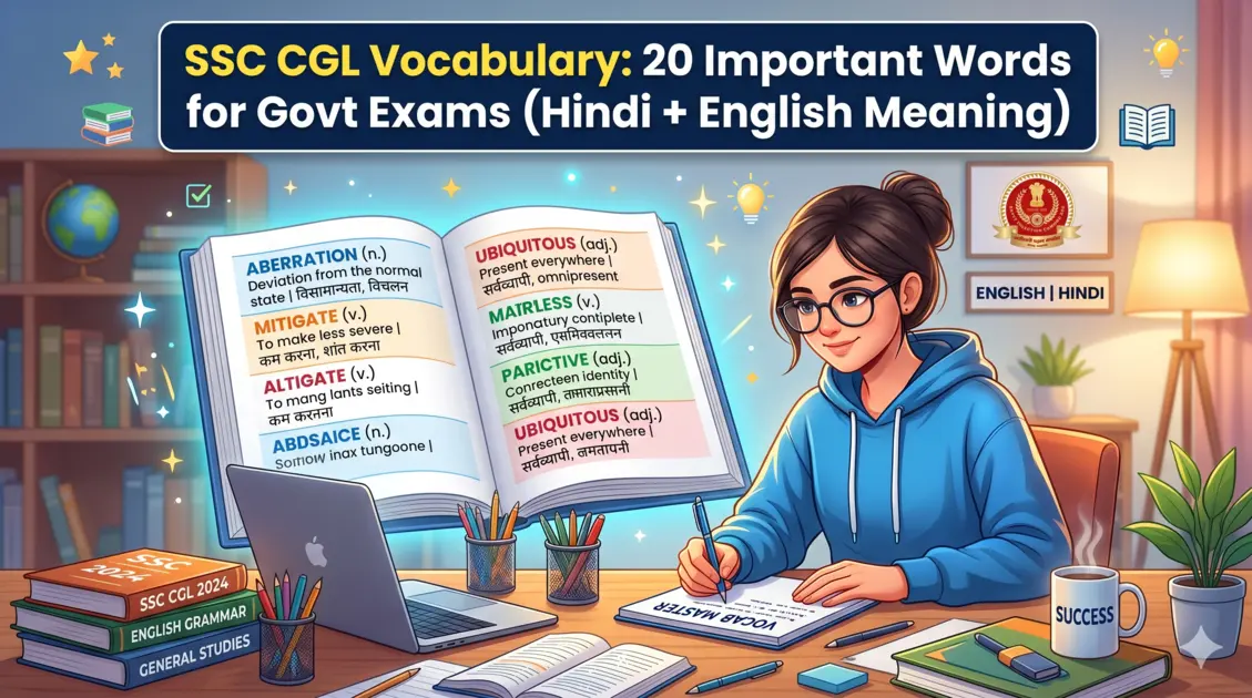 Infographic of 20 important SSC CGL vocabulary words with Hindi and English meanings for competitive exams.