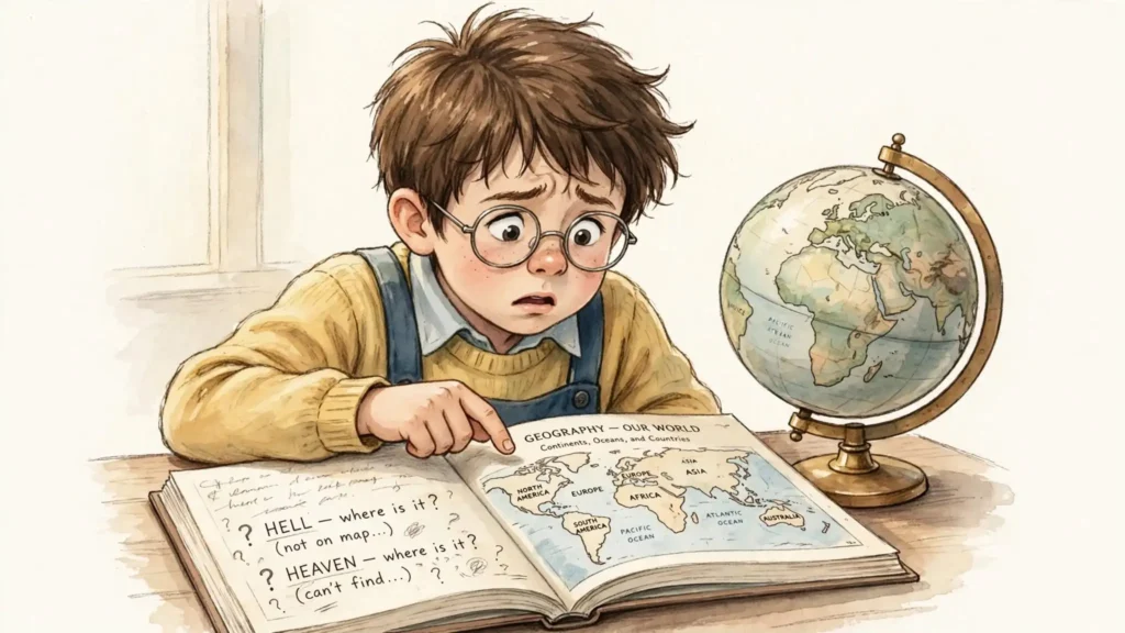 Child searching for Hell and Heaven in geography book - Childhood poem illustration