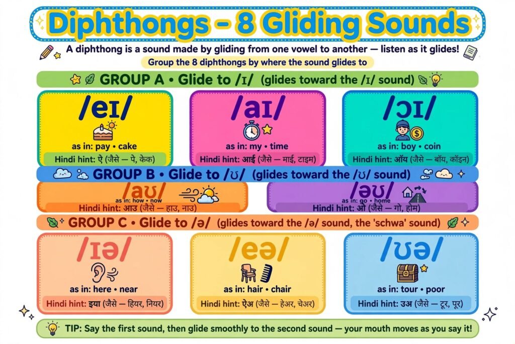 Diphthongs Chart 8 Gliding Sounds divided into Group A Glide to /ɪ/ Group B Glide to /ʊ/ Group C Glide to /ə/