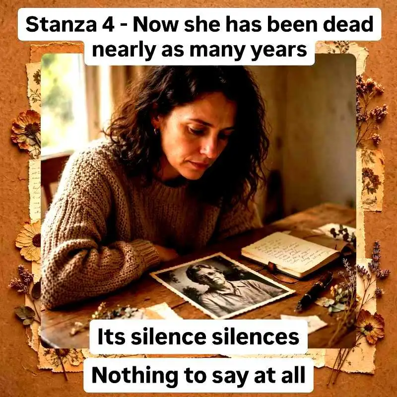 A Photograph Class 11 Stanza 3 meaning - Mother laughing at old snapshot photo of Betty and Dolly after 20-30 years, laboured ease of loss, sea holiday was her past