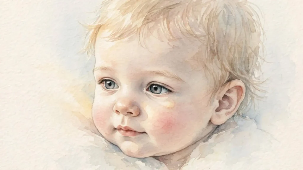 Innocent infant baby face watercolor portrait - Childhood poem ending
