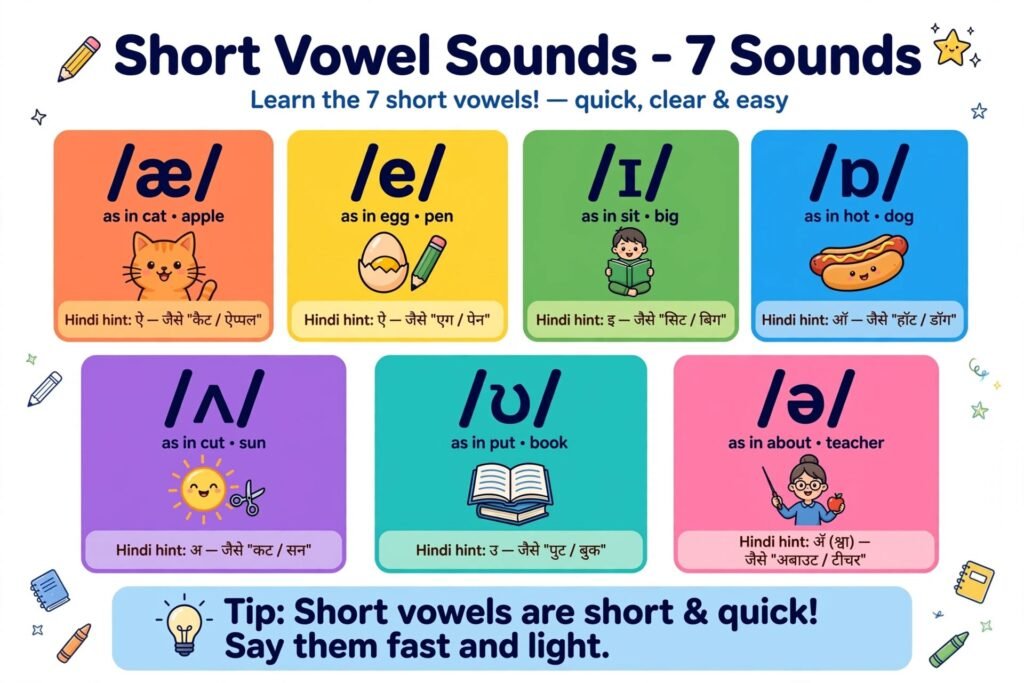Short Vowel Sounds Chart with 7 IPA symbols and Hindi hints for Hindi medium students