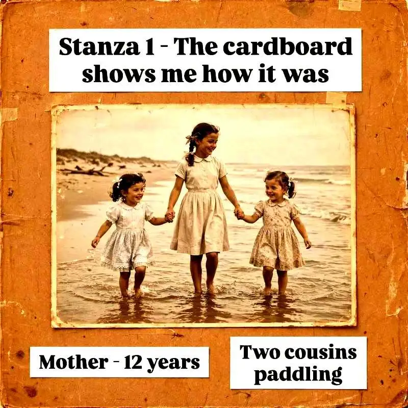 A Photograph Class 11 Stanza 1 - Vintage photo of poet's mother at age 12 with her two cousins paddling on beach, cardboard photograph memory by Shirley Toulson NCERT
