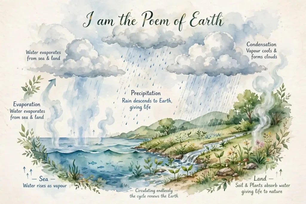 The Voice of the Rain Class 11 Explanation & Important Q&A in Hindi | Hornbill 2 The Voice of the Rain Class 11 water cycle - I am the Poem of Earth evaporation condensation precipitation diagram